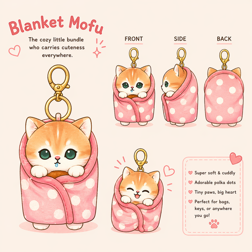 Licensed Mofusand Kitten in a Blanket Poka Dots